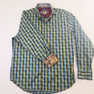 Robert Graham Men Button Down‎ Classic Fit Blue/Green Plaid Animal Cuff Shirt XL